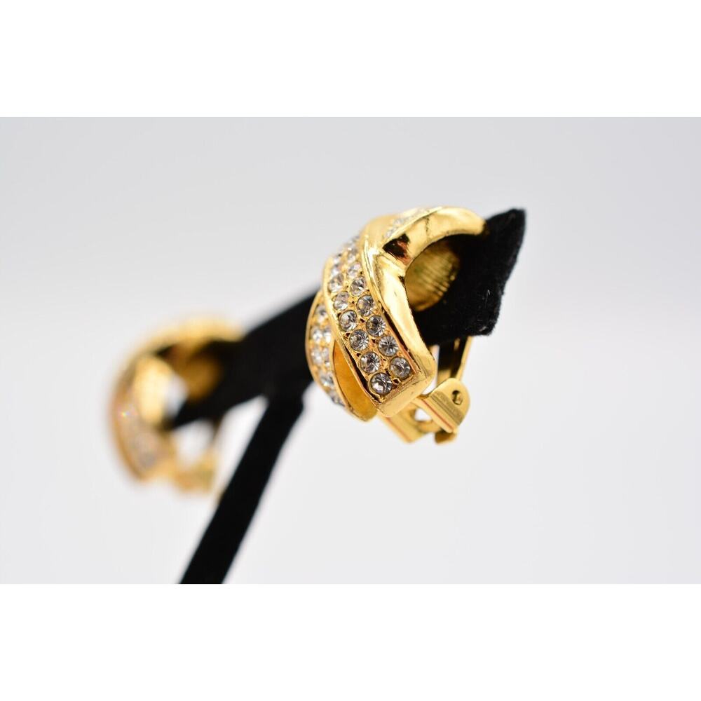 Christian Dior Vintage Clip On Earrings X Rhinestone Crystal Gold Signed BinAO - Picture 10 of 13